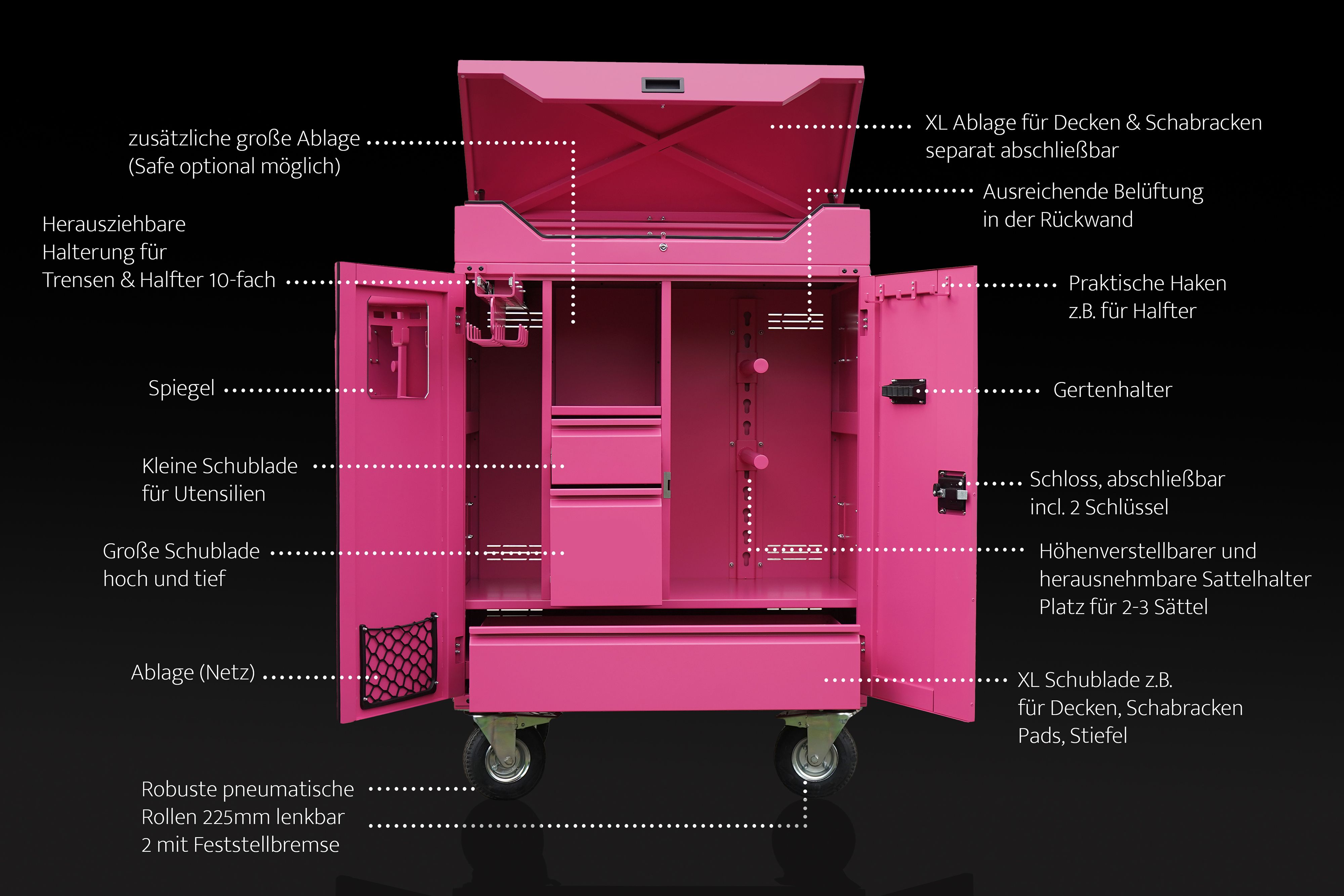 Lindberg Equestrian Sattelschrank, Turnierschrank, pink tack locker, pink tack trunk, Aufbewahrung für Sattel, Stiefel, Trense