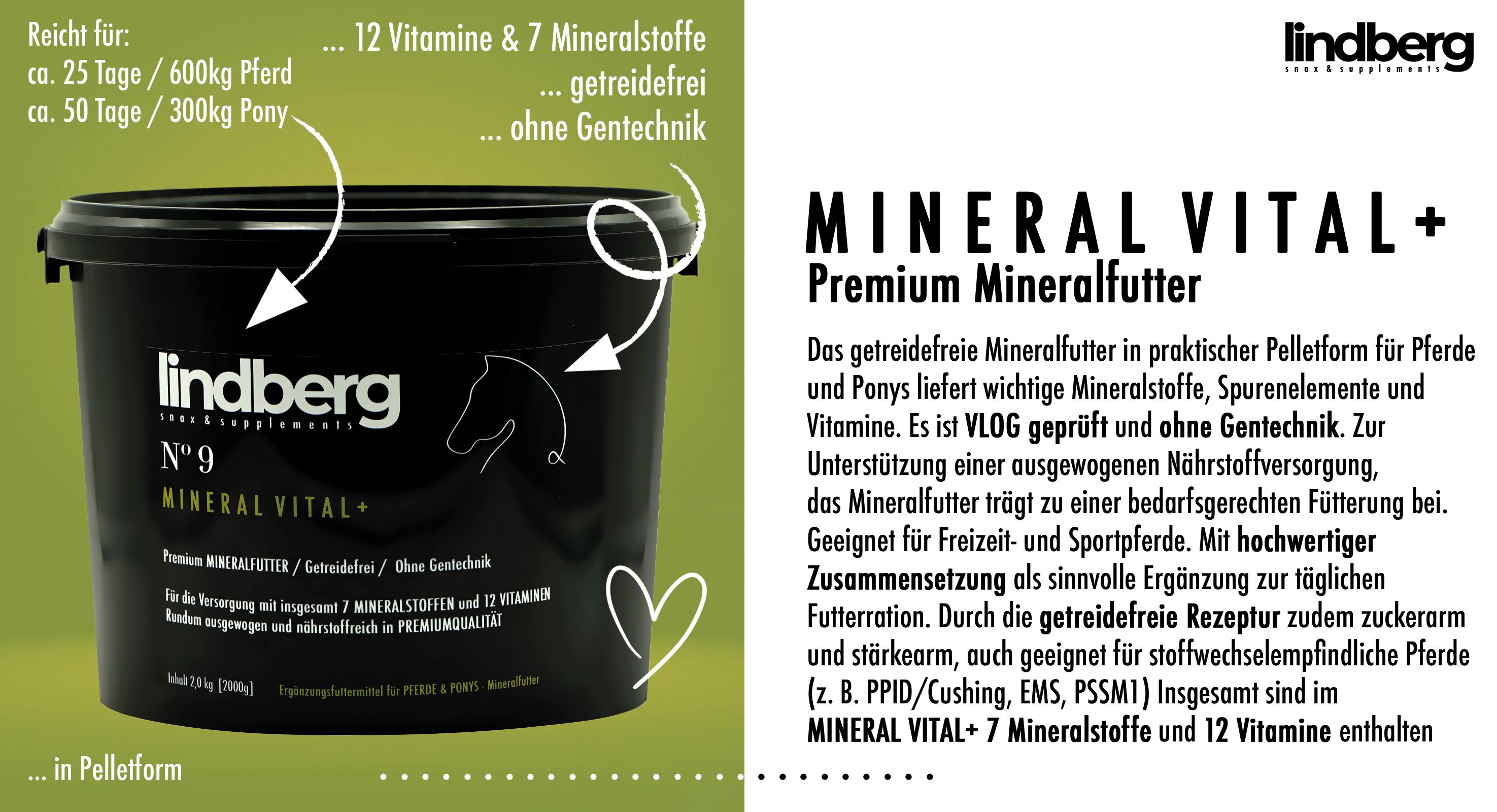Lindberg Equestrian Mineralfutter getreidefrei Mineral Vital + Pferde Pony
